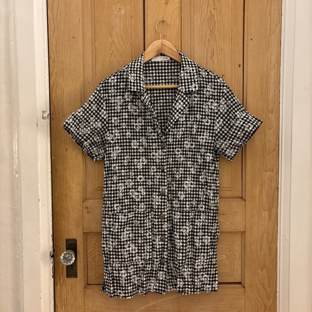 Black and white floral + gingham short sleeve dress